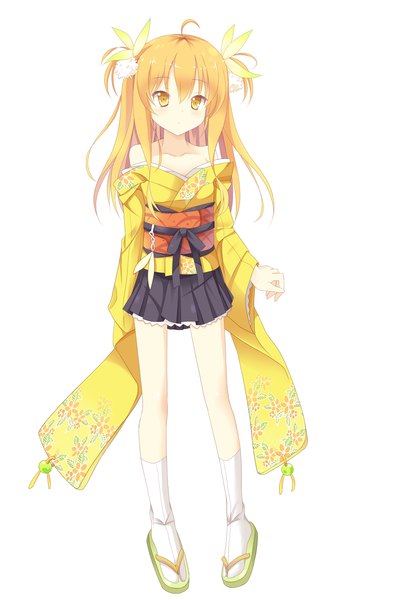 Anime picture 1000x1489 with original nibiiro shizuka single long hair tall image blonde hair simple background white background bare shoulders yellow eyes traditional clothes girl socks white socks obi