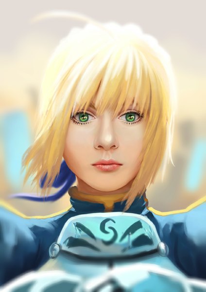 Anime picture 620x877 with fate (series) fate/stay night type-moon artoria pendragon (all) saber fateline alpha fateline-alpha single tall image looking at viewer fringe short hair blonde hair green eyes ahoge wind blurry realistic depth of field lipstick