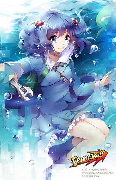 Anime picture 800x1236 with touhou kawashiro nitori squchan single long hair tall image blue eyes smile blue hair sunlight inscription underwater girl dress skirt hair ornament boots frills thigh boots sundress