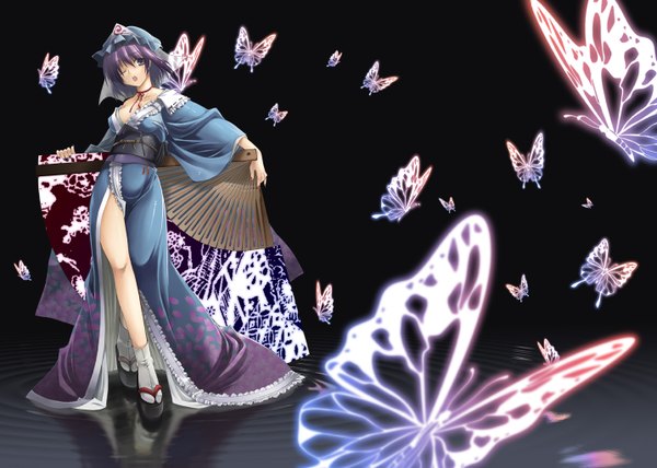 Anime picture 1434x1024 with touhou saigyouji yuyuko minakuchi takashi single short hair open mouth blue eyes purple hair traditional clothes japanese clothes one eye closed legs reflection ripples girl hat choker water socks insect