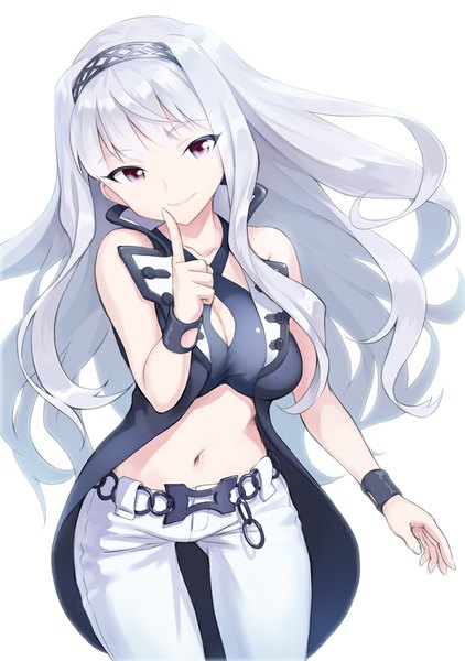 Anime picture 703x1000 with idolmaster shijou takane mofu single long hair tall image breasts simple background smile large breasts white background purple eyes cleavage silver hair finger to mouth cleavage cutout girl navel hairband pants