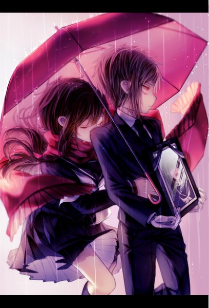 Anime picture 870x1280 with kagerou project shaft (studio) tateyama ayano kano shuuya yasiromann long hair tall image fringe short hair red eyes brown hair holding bent knee (knees) eyes closed profile pleated skirt hug letterboxed rain hug from behind