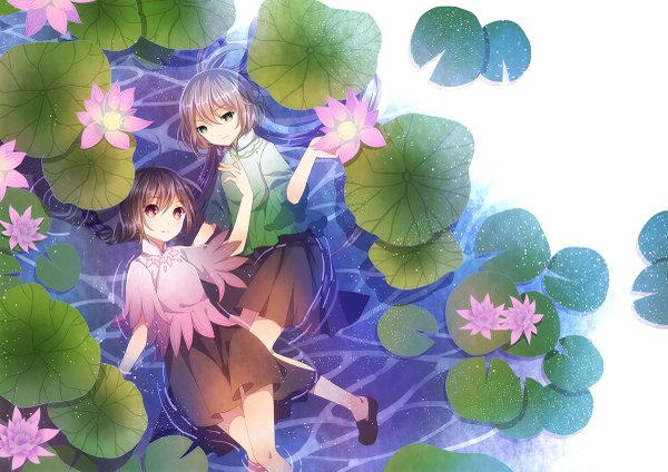 Anime picture 1200x849 with vocaloid vocaloid china luo tianyi yuezheng ling long hair red eyes multiple girls green eyes girl skirt flower (flowers) 2 girls water water lily