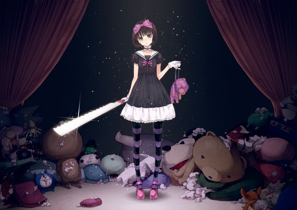 Anime picture 1414x1000 with original risou (maeda risou) single looking at viewer short hair black hair standing black eyes girl thighhighs dress gloves bow weapon hair bow shoes curtains toy stuffed animal striped thighhighs