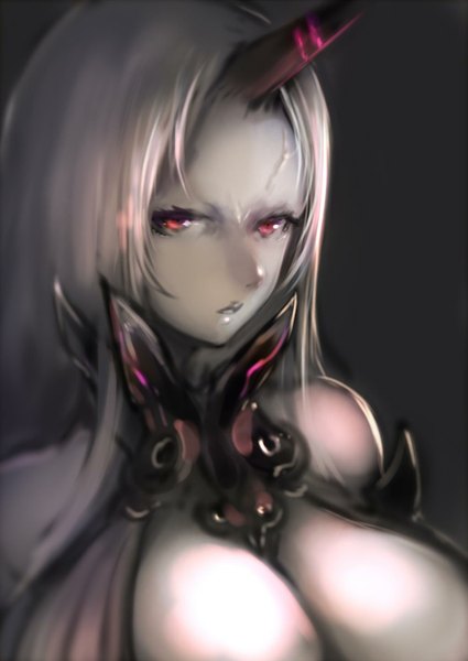 Anime picture 1000x1412 with kantai collection seaport hime sumisu (mondo) single long hair tall image breasts light erotic red eyes white hair horn (horns) lips huge breasts portrait pale skin oni horns shinkaisei-kan girl