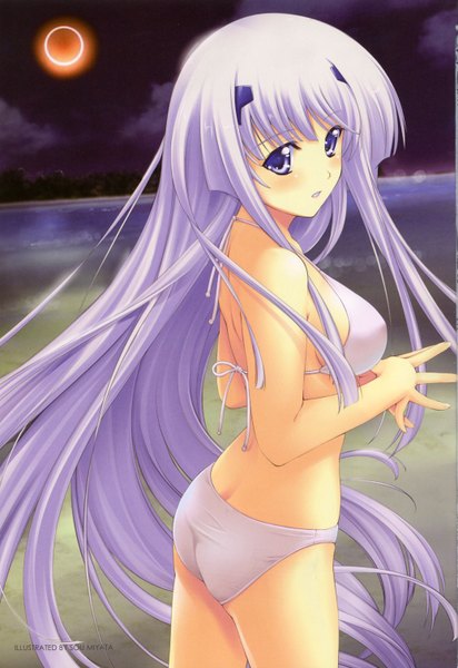 Anime picture 2074x3020 with muv-luv alternative tagme (copyright) inia sestina single long hair tall image highres light erotic purple hair looking back beach eclipse girl swimsuit sea