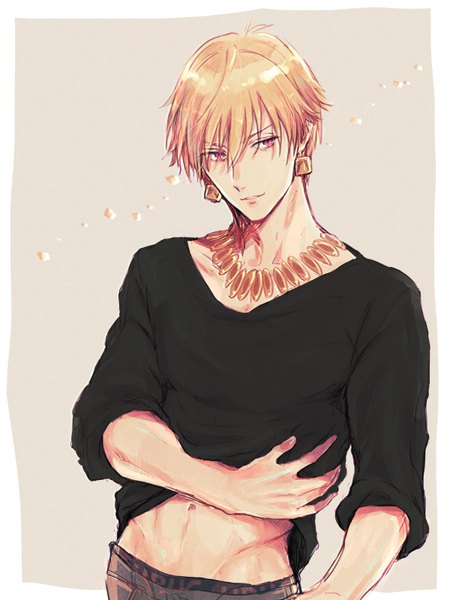 Anime picture 600x800 with fate (series) fate/grand order gilgamesh (fate) saryo single tall image fringe short hair simple background blonde hair hair between eyes red eyes looking away upper body groin framed boy navel earrings jewelry
