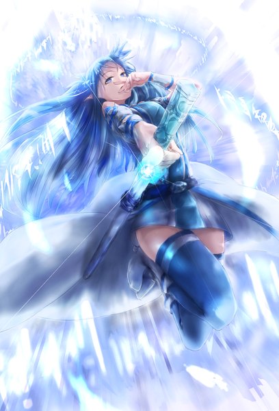 Anime picture 1001x1473 with sword art online a-1 pictures yuuki asuna asuna (sao-alo) tsutsumotase single long hair tall image looking at viewer blue eyes blue hair bent knee (knees) magic jumping girl thighhighs dress weapon sword boots