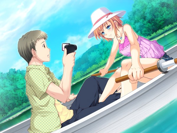 Anime picture 1024x768 with shin arijigoku short hair blue eyes black hair game cg orange hair couple girl boy hat sundress watercraft boat