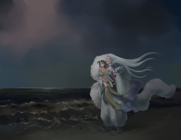 Anime picture 2400x1851 with inuyasha sesshomaru rin (inuyasha) tokiko (psychopomp) long hair highres brown hair sky white hair long sleeves traditional clothes night looking up carrying girl boy water sea child (children)