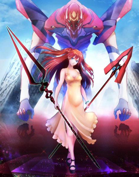Anime picture 1020x1300 with neon genesis evangelion gainax soryu asuka langley eva 02 big.g single long hair tall image looking at viewer blue eyes standing bare shoulders sky orange hair girl dress weapon shoes spear mecha