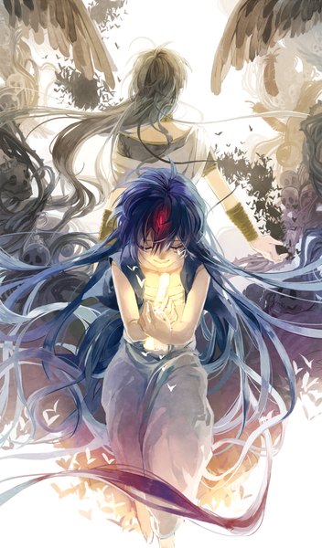 Anime picture 700x1190 with magi the labyrinth of magic a-1 pictures judal aladdin (magi) g.g.lemon tall image blue hair eyes closed very long hair wind grey hair multiple boys back back to back skeleton boy wings bracelet 2 boys feather (feathers)