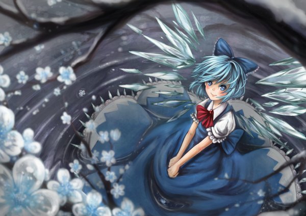 Anime picture 1228x868 with touhou cirno ks single blush short hair blue eyes smile blue hair girl dress flower (flowers) bow hair bow water