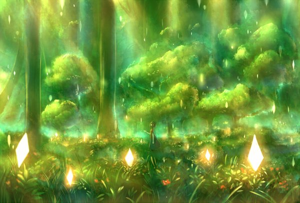 Anime picture 1437x975 with original bounin single fringe short hair brown hair standing looking away profile sunlight outstretched arm sunbeam glow girl flower (flowers) plant (plants) tree (trees) grass forest