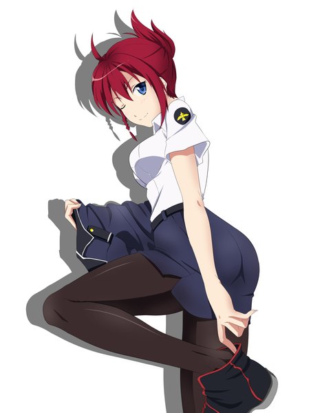 Anime picture 1715x2273 with rail wars! sakurai aoi akou (phoenix777) tall image highres short hair blue eyes simple background white background red hair one eye closed wink shadow girl skirt uniform shirt pantyhose black pantyhose