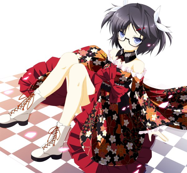 Anime picture 2000x1852 with kanzaki sora highres short hair blue eyes black hair bare shoulders checkered floor girl dress bow detached sleeves boots collar