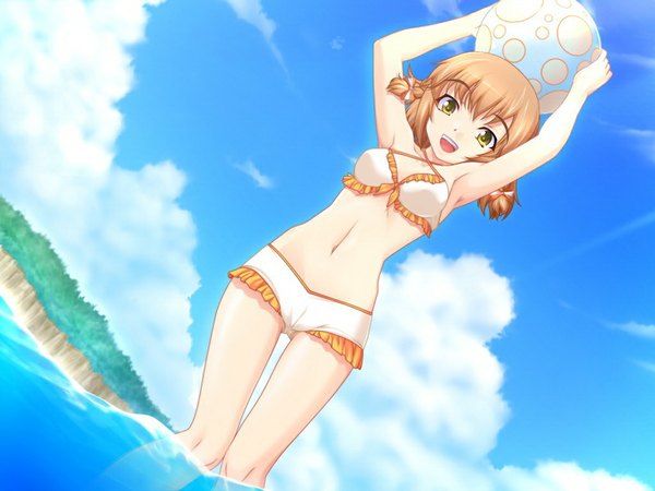 Anime picture 1024x768 with yamitsuki (game) light erotic brown hair yellow eyes game cg girl swimsuit