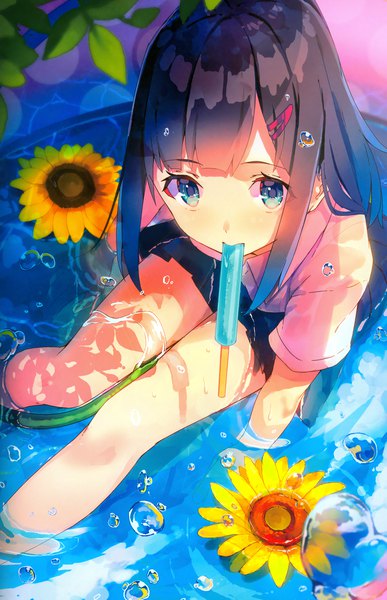 Anime picture 1934x2999 with original yasumo (kuusouorbital) single long hair tall image blush fringe highres blue eyes black hair sitting holding from above bare legs depth of field mouth hold girl skirt hair ornament flower (flowers)
