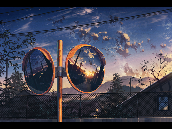 Anime picture 1053x795 with original cola (pixiv) sky cloud (clouds) reflection letterboxed no people scenic street plant (plants) tree (trees) building (buildings) fence mirror house power lines chain-link fence traffic mirror
