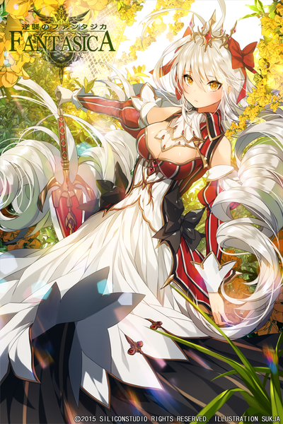 Anime picture 600x900 with gyakushuu no fantasica sorolp single tall image looking at viewer blush fringe breasts large breasts standing twintails holding signed yellow eyes payot cleavage silver hair ahoge outdoors very long hair