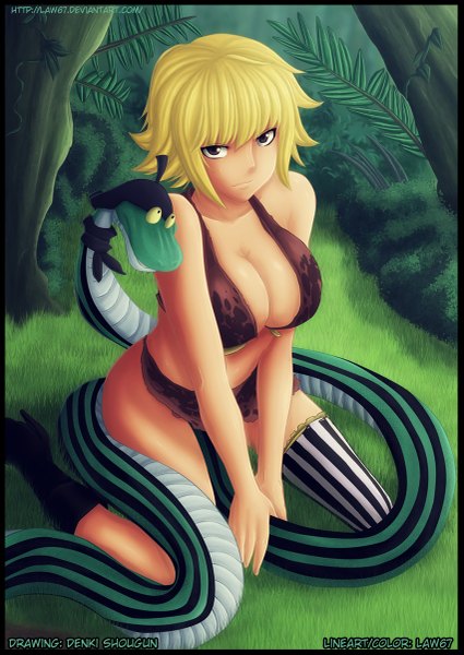 Anime picture 851x1200 with one piece toei animation marguerite (one piece) law67 single tall image looking at viewer short hair breasts light erotic blonde hair large breasts sitting brown eyes signed yellow eyes light smile coloring striped framed