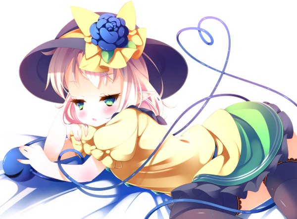 Anime picture 1200x887 with touhou komeiji koishi zefa (neoaltemice) blush short hair open mouth simple background white background green eyes white hair pointy ears girl thighhighs dress flower (flowers) black thighhighs hat eyeball
