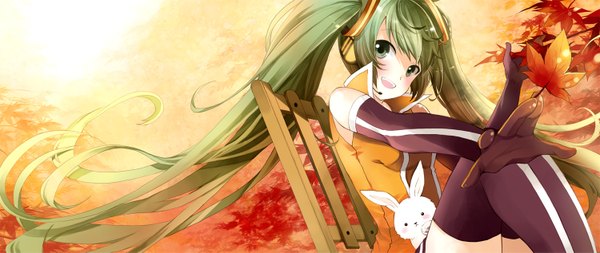 Anime picture 1500x633 with vocaloid hatsune miku miyabi akino single long hair wide image twintails green eyes green hair autumn girl thighhighs gloves animal elbow gloves leaf (leaves) chair bunny