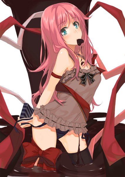 Anime picture 752x1062 with original 1000000000 single long hair tall image blush blue eyes light erotic pink hair girl thighhighs underwear panties bow ribbon (ribbons) black thighhighs food sweets chocolate
