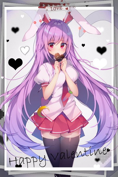 Anime picture 939x1406 with touhou reisen udongein inaba koto seori single long hair tall image looking at viewer fringe hair between eyes red eyes animal ears purple hair bunny ears zettai ryouiki puffy sleeves border between breasts valentine girl thighhighs