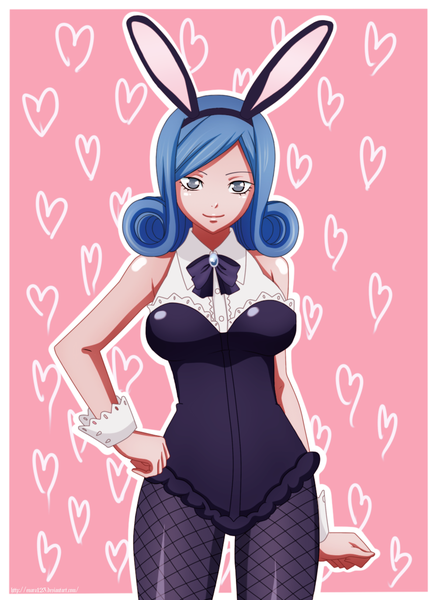 Anime picture 1000x1370 with fairy tail juvia lockser enara123 single long hair tall image simple background smile blue hair grey eyes bunny ears hand on hip coloring drill hair pink background framed girl thighhighs heart fishnet stockings
