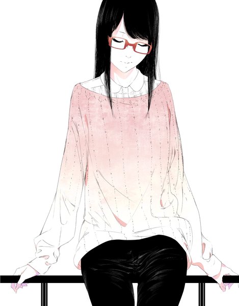 Anime picture 1000x1278 with original sousou (sousouworks) single long hair tall image black hair simple background white background sitting eyes closed casual girl glasses pants sweater fence