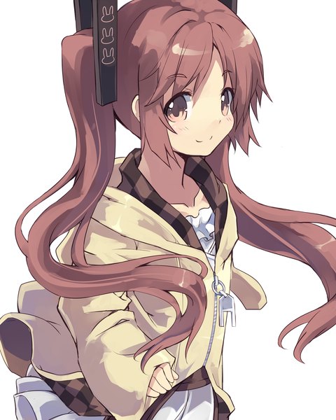 Anime picture 2000x2500 with black bullet kinema citrus aihara enju nomalandnomal single long hair tall image looking at viewer blush fringe highres simple background smile brown hair white background twintails payot long sleeves pink eyes from above