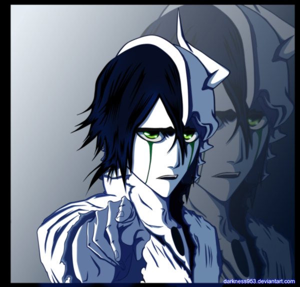 Anime picture 1265x1210 with bleach studio pierrot ulquiorra schiffer darknes953 single short hair open mouth black hair green eyes japanese clothes horn (horns) coloring torn clothes portrait face zoom layer pointing espada boy kimono