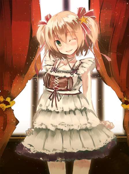 Anime picture 1060x1423 with yae (mono110) tall image looking at viewer short hair blonde hair smile twintails green eyes one eye closed wink girl dress window curtains