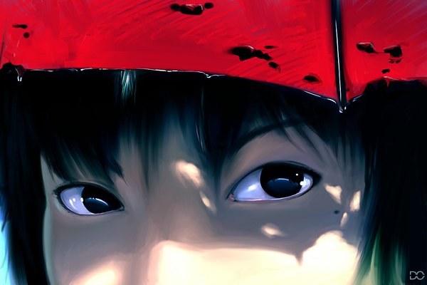 Anime picture 1000x667 with original arcipello single short hair black hair black eyes realistic close-up face girl umbrella