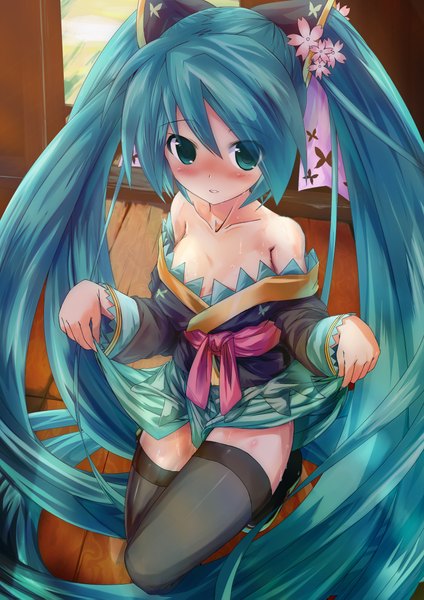 Anime picture 1600x2263 with project diva vocaloid hatsune miku demitasu (artist) single tall image looking at viewer blush light erotic twintails bare shoulders very long hair hair flower aqua eyes aqua hair girl thighhighs hair ornament black thighhighs
