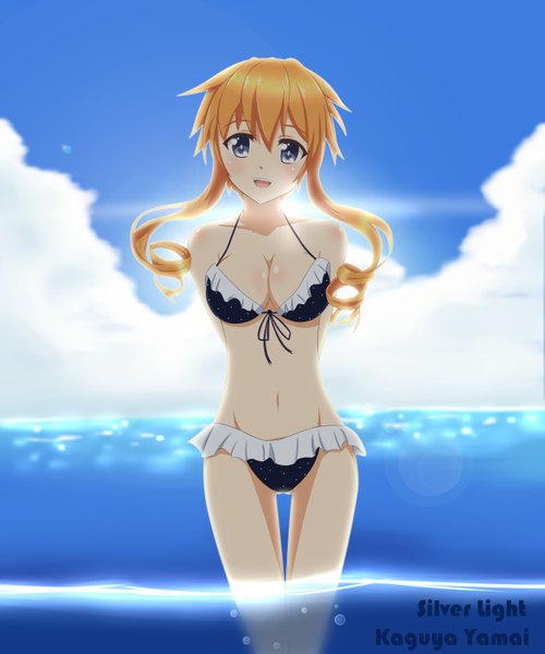Anime picture 2500x3000 with date a live yamai kaguya silver light single long hair tall image looking at viewer blush highres open mouth blue eyes light erotic blonde hair smile signed sky cloud (clouds) sunlight girl swimsuit
