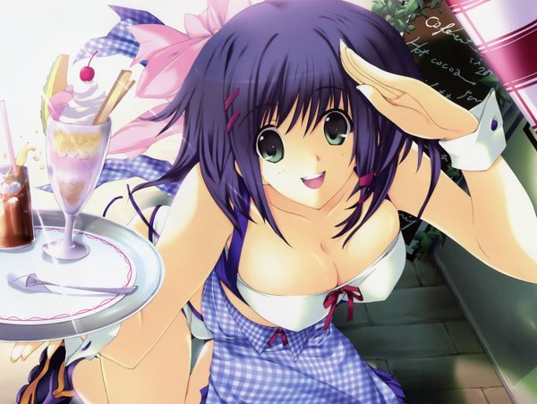 Anime picture 2832x2136 with iizuki tasuku blush highres short hair breasts light erotic large breasts green eyes blue hair erect nipples covered nipples waitress ribbon (ribbons) swimsuit bikini food sweets ice cream