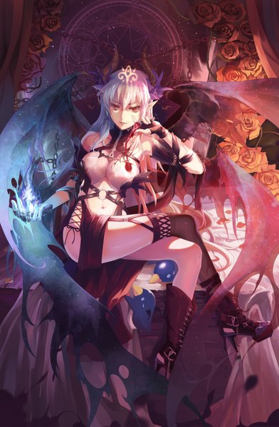 Anime picture 1225x1875 with original bzerox single long hair tall image breasts light erotic red eyes white hair pointy ears crossed legs girl thighhighs flower (flowers) wings boots single thighhigh wine glass