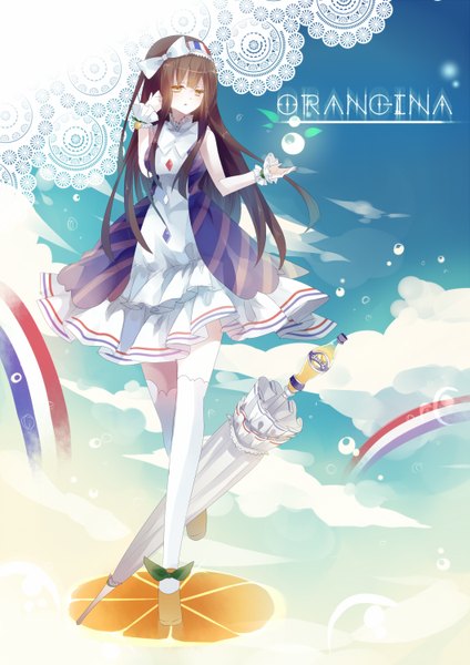 Anime picture 1060x1500 with original orangina filiananna single long hair tall image open mouth black hair looking away sky cloud (clouds) black eyes orange hair adjusting hair closed umbrella flag print france girl thighhighs dress
