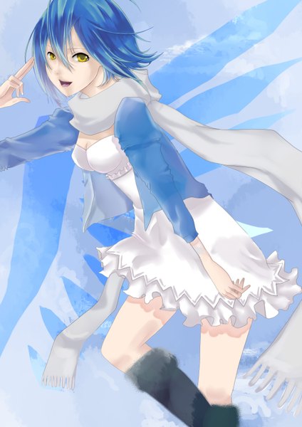 Anime picture 2480x3507 with air gear toei animation gazelle (air gear) single tall image highres short hair open mouth smile yellow eyes blue hair girl dress scarf