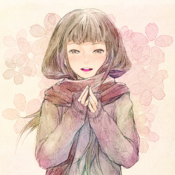 Anime picture 1000x1000 with original redjuice single long hair looking at viewer open mouth simple background smile brown hair black eyes girl flower (flowers) scarf sweater