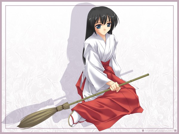 Anime picture 1600x1200 with murakami suigun long hair blue eyes black hair simple background japanese clothes miko girl sandals broom