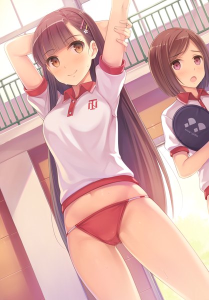 Anime picture 750x1075 with original yokaze japan long hair tall image blush short hair open mouth light erotic smile brown hair purple eyes multiple girls brown eyes looking away holding arm girl navel uniform 2 girls gym uniform