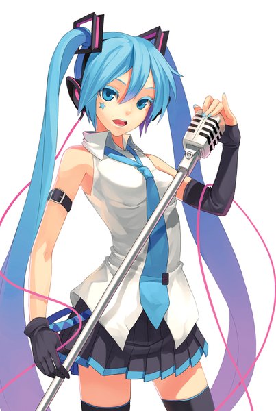 Anime picture 1141x1697 with vocaloid hatsune miku fkey tall image open mouth twintails very long hair aqua eyes aqua hair zettai ryouiki girl thighhighs skirt black thighhighs miniskirt necktie headphones wire (wires) microphone stand