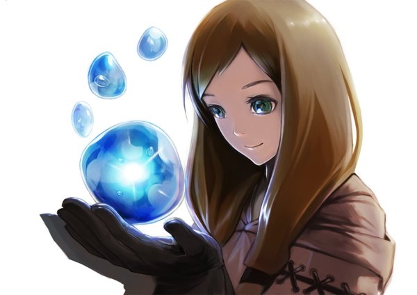 Anime picture 1415x1000 with final fantasy final fantasy tactics square enix geomancer (fft) suzume yuu single long hair fringe brown hair white background holding green eyes light smile shadow magic portrait flying girl dress gloves