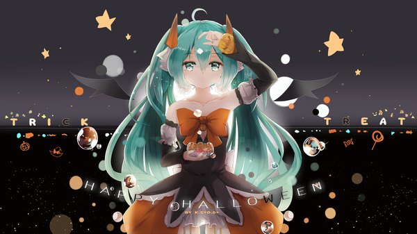 イラスト 2039x1147 と ボーカロイド 初音ミク あさひクロイ ソロ 長髪 カメラ目線 前髪 highres hair between eyes wide image ツインテール signed アホ毛 long sleeves nail polish aqua eyes aqua hair 壁紙 ハロウィン hand on head