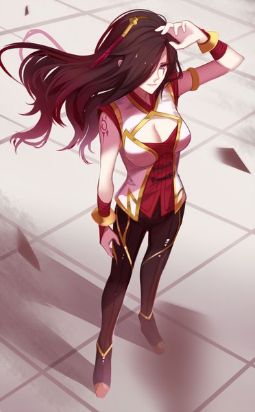Anime picture 1078x1739 with league of legends katarina (league of legends) shiguru single long hair tall image looking at viewer fringe blue eyes black hair standing hair over one eye girl
