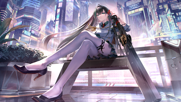 Anime picture 3000x1688 with tower of fantasy lin (tower of fantasy) sousou (sousouworks) single long hair looking at viewer fringe highres black hair hair between eyes wide image sitting green eyes full body ahoge bent knee (knees) outdoors parted lips multicolored hair wind