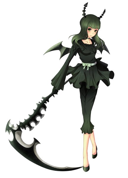 Anime picture 1534x2124 with black rock shooter dead master single long hair tall image simple background white background twintails green eyes horn (horns) green hair teeth fang (fangs) bat wings girl bow weapon scythe